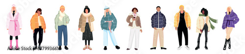 Group of young people in stylish winter clothes on white background