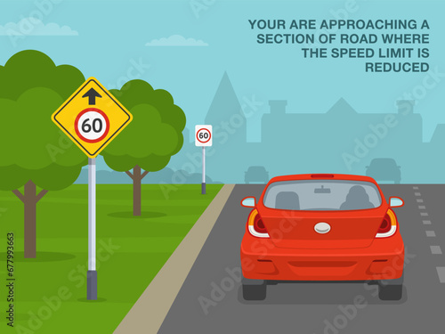 Safe driving tips and traffic regulation rules. Australian speed limit ahead sign. Back view of a car on a city road. Flat vector illustration template.