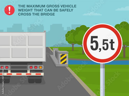 Heavy goods vehicles driving tips and rules. Back view of a dump truck at bridge. Close-up of "Weight limit" sign. Flat vector illustration template.