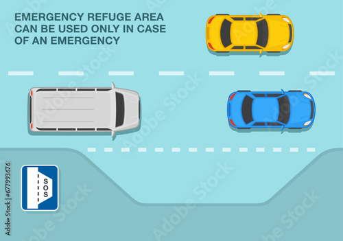 Safe driving tips and traffic regulation rules. Emergency lay-by  sign rule. Top view of a traffic flow on highway. Flat vector illustration template.