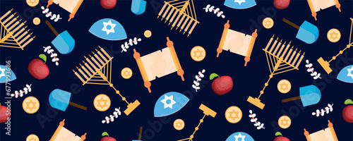 Pattern for design with symbols of Hanukkah on dark background photo