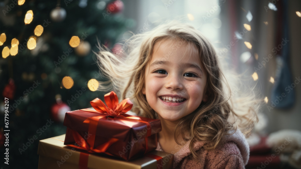 A cheerful little girl receives a gift on New year's eve. on Christmas night