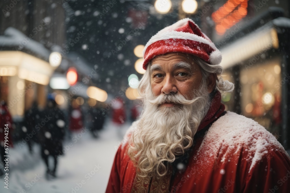 closeup portrait of a sad Santa Claus in a snowstorm in the city of magic day. Christmas