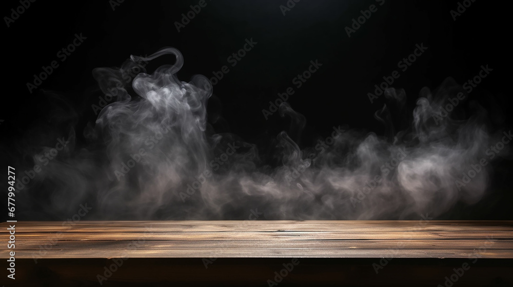 empty wooden table with smoke float up on dark background Empty Space for display your products. Made with generative ai