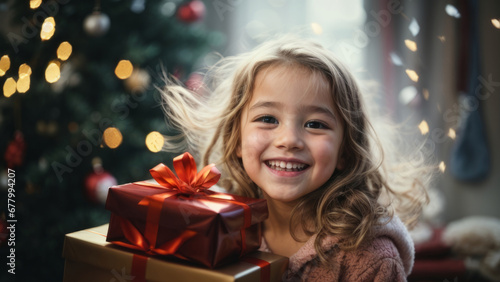 Obraz na płótnie A cheerful little girl receives a gift on New year's eve. on Christmas night w salonie