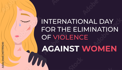 Banner for International day for the elimination of violence against women with crying young girl