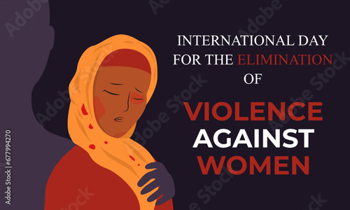 Banner for International day for the elimination of violence against women with scared Muslim young girl