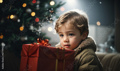 cheerful baby boy receives a gift in the new year. on christmas night
