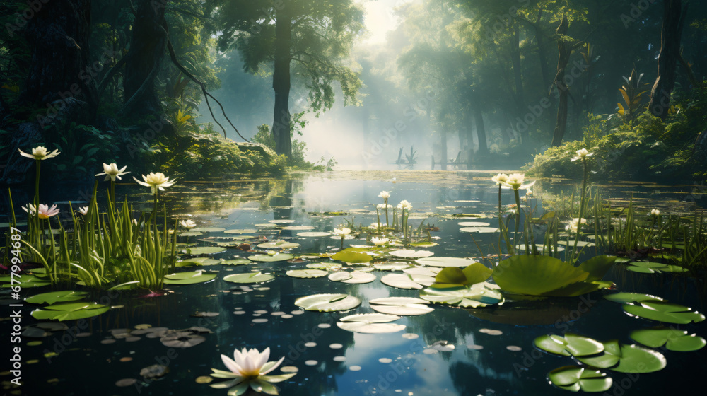 A pond filled with water lilies