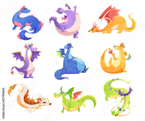 Fairy Colored Dragons as Winged and Horned Legendary Creature Vector Set