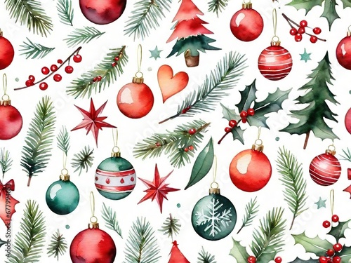 Fondo con motivos navideños (esferas y ramas de pino) estilo acuarela