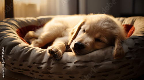A puppy of a golden retriever is resting