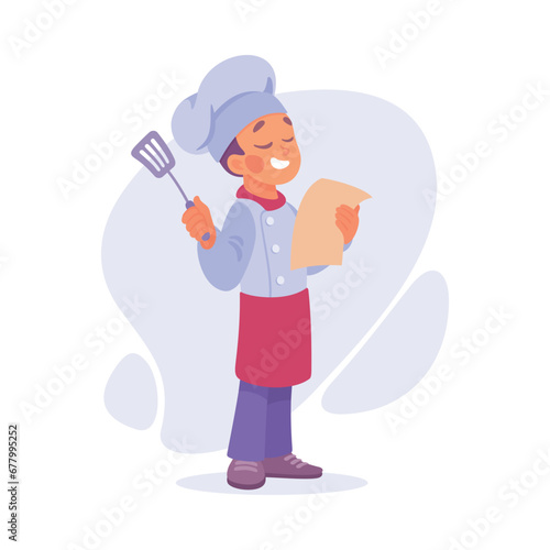 Boy Cook or Chef Character in Uniform Read Recipe Cooking Meal Vector Illustration
