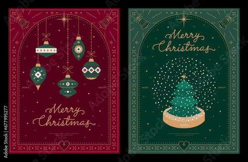 Merry christmas, Happy new year greeting card, holiday cover, banner. Modern Xmas background poster design, Geometric pattern frame. Lettering, Tree, Ball, Snow globe. Trendy vector flat illustration.