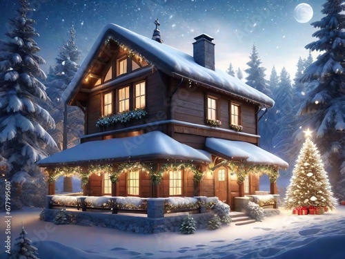 Ilustración de una casa en un bosque nevado en temporada navideña photo