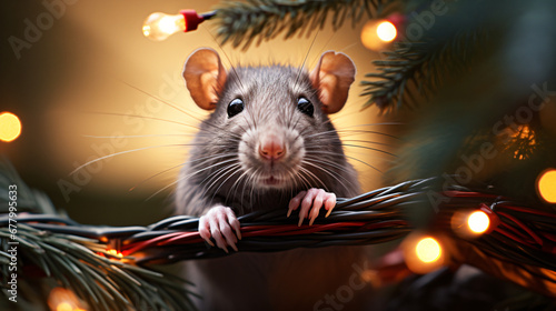A rat peeking out from behind a christmas tree branch