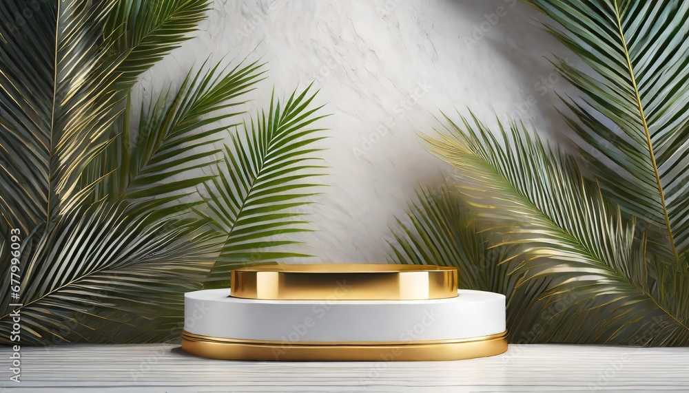 Obraz premium Golden Glow: 3D Rendered Podium with Palm Leaf Garnish