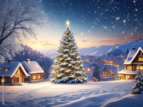   rbol de navidad al pie de una aldea nevada