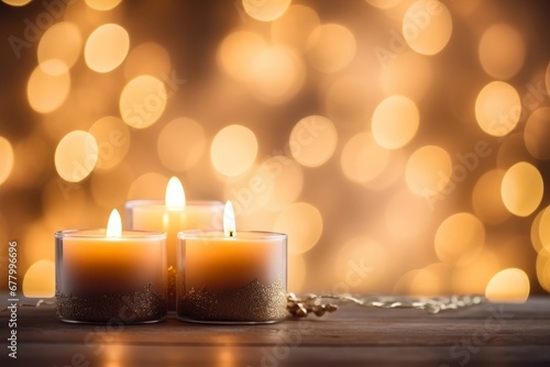 Cozy atmospheric blurred bokeh light background for Christmas with candles