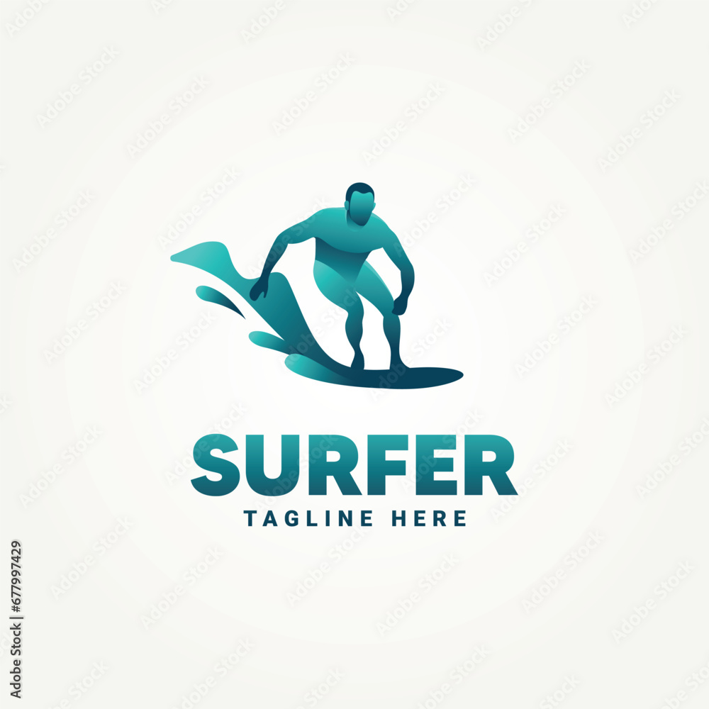 surf club minimalist gradient mascot logo template vector illustration design. simple cartoon surfer, water sport, surfboard logo concept