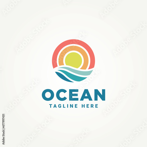 ocean wave and sun minimalist logo template vector illustration design. simple modern vacation, adventure, holiday logo concept