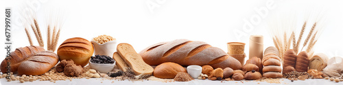 bread and various rolls isolated on a white background composition is a long narrow panorama of the top of the site. photo