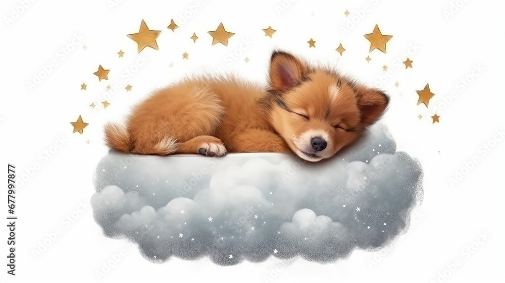 cute little puppy sleeping on a cloud isolated on a white background watercolor drawing. ;