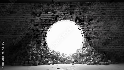hole in the black brick wall white light from the hole abstract background.