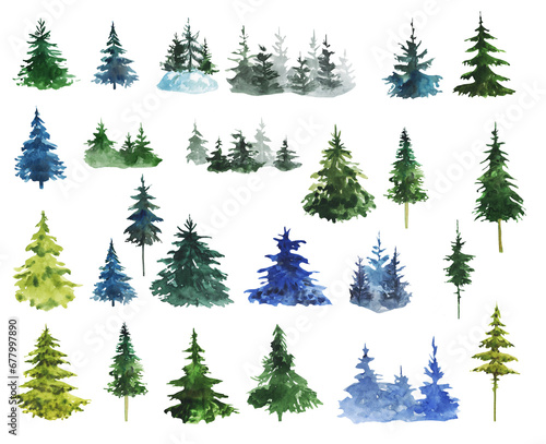 Hand drawn watercolor pine trees and shrubs bush aquarelle set. Forest aquarelle illustration silhouette.