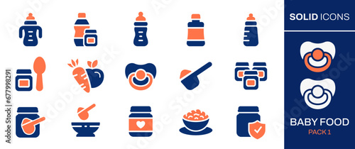 Baby food icon set. Collection of bottle, spoon, jar, powder, milk and more. Vector illustration. Easily changes to any color.