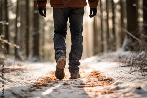 Back view of a man walking in a winter forest. Close up of legs