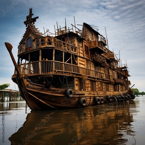 an old pirate ship out on the open water Generated by AI