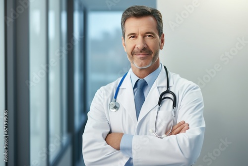 Portrait of a smiling middle-aged male doctor standing with arms crossed over blue background
