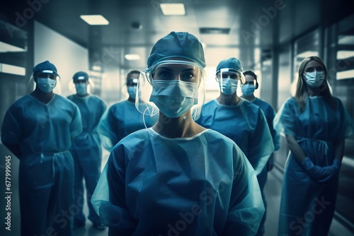 Portrait of a team of surgeons and nurses in their surgical uniforms, headgear and masks in a brightly lit hospital corridor