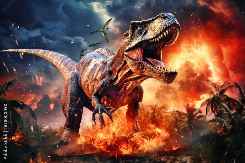 Naklejka premium Tyrannosaurus T-rex ,dinosaur on smoke and fire background. Global catastrophe. A dinosaur escapes from the flames.
