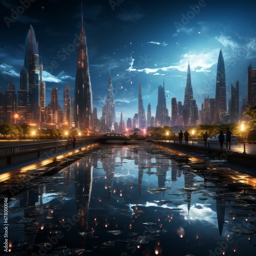 Futuristic skyscrapers illuminate the city at night 