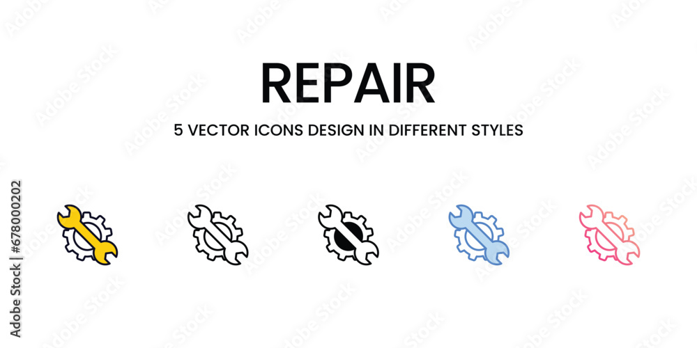 Repair Icon Design in Five style with Editable Stroke. Line, Solid, Flat Line, Duo Tone Color, and Color Gradient Line. Suitable for Web Page, Mobile App, UI, UX and GUI design.