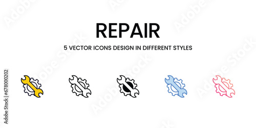 Repair Icon Design in Five style with Editable Stroke. Line, Solid, Flat Line, Duo Tone Color, and Color Gradient Line. Suitable for Web Page, Mobile App, UI, UX and GUI design.