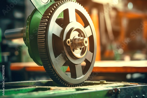 Photo of a detailed shot of a mechanical wheel on a tabletop. Modern metal processing at an industrial enterprise. Manufacturing of high-precision parts and mechanisms.