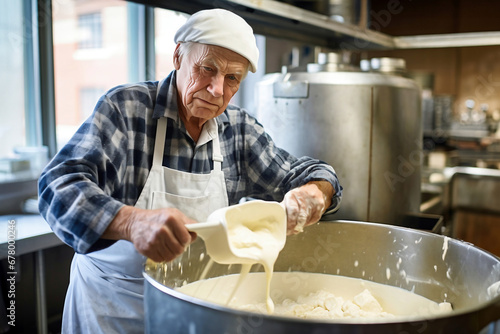 Photo of an elderly man cooking in a traditional kitchen. An elderly cheese farmer makes homemade cheese. Private cheese production.