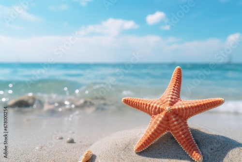 Close-up of a starfish on the shore with the wave of the sea