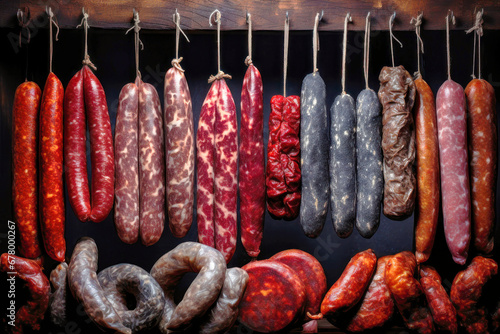 A bunch of different types of sausage hanging on a line. Dried and smoked sausage of various varieties. Wide range of meat products. Sausages made from pork, beef, lamb.