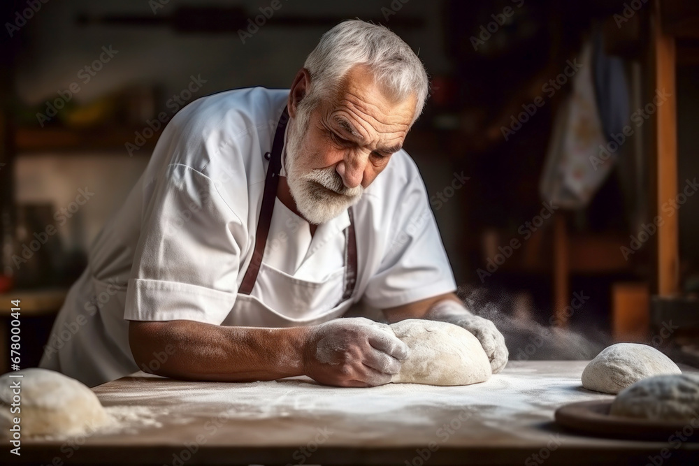 An elderly male baker prepares dough for bread in the kitchen. Kneads dough for baking. Homemade bread production. Fresh bakery. Private production. An elderly male baker prepares dough for bread in the kitchen. Kneads dough for baking. Homemade bread production. Fresh bakery. Private production.