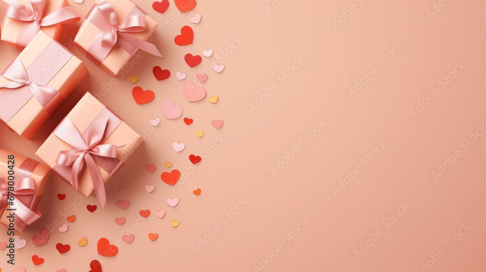 Top view of composition with Valentine's day decorations and copy space on pink background. Holiday 14 February romantic banner.	