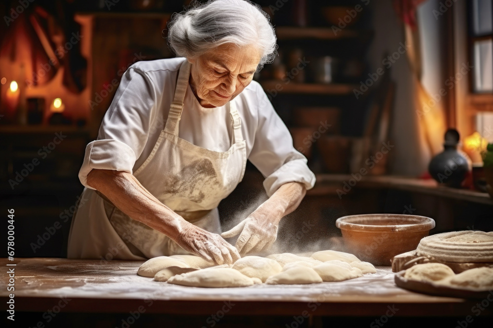 An elderly woman prepares bread dough in the kitchen. Grandmother kneads dough for baking. Homemade bread production. Fresh bakery.