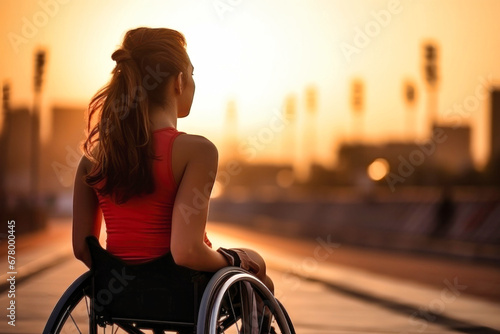 A woman in a wheel chair on the street. A modern woman with disabilities is not afraid of difficulties. Social support.