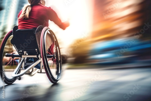 A woman with disabilities in a wheelchair drives quickly along a city street. Motion blur. Selective focus. Social environment for people with disabilities. photo