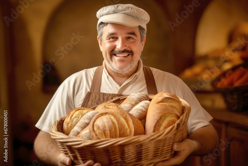 Male baker with a basket of bread. A man works as a baker in a bakery. Private bread production. Small business. Demonstration of fresh bread.