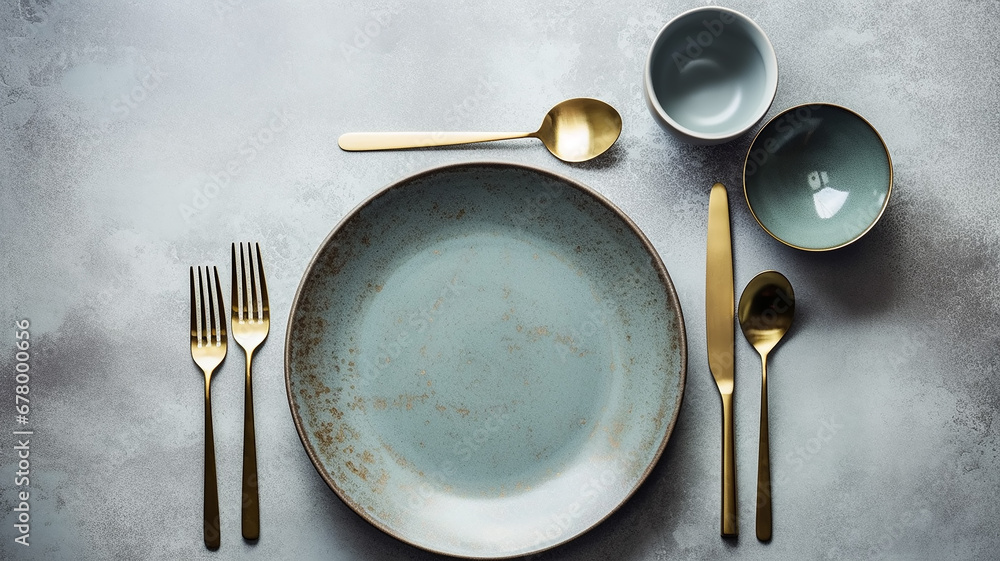 plate and serving of cutlery on a gray background grunge style. plate and serving of cutlery on a gray background grunge style.