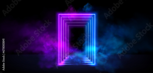 Neon glowing rectangular frame with tunnel and distance effect and smoke, Realistic vector illustration of blue and violet gradient light futuristic door or magic portal with steam. Luminous border.